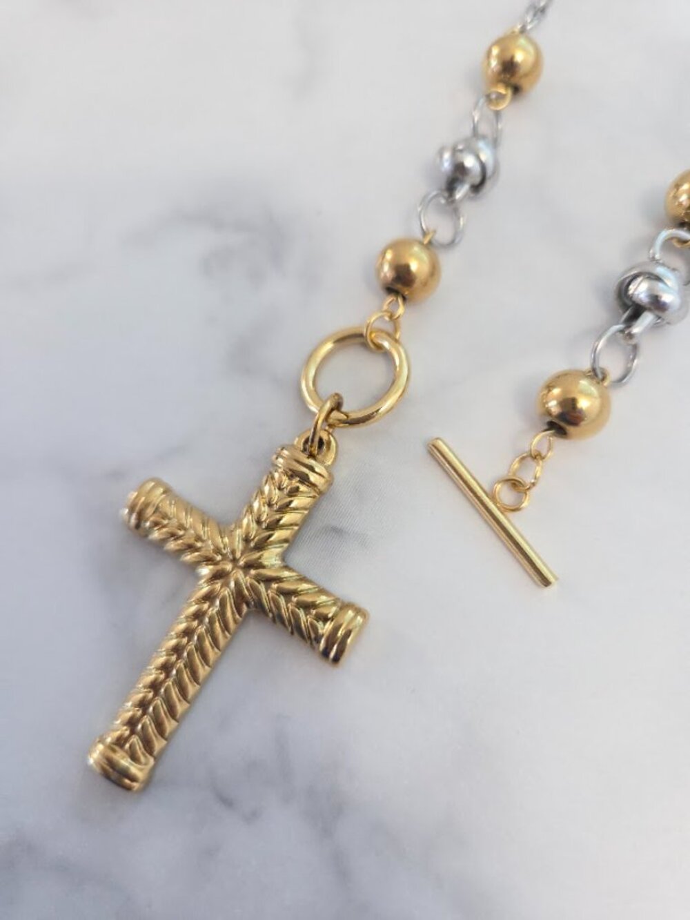 Two Tone Gold Silver Chevron Cross Toggle Chain Necklace - Picture 8 of 15